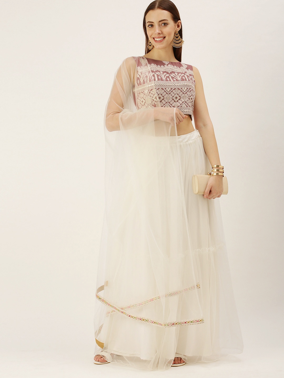 

Ethnovog Off White Mauve Made to Measure Lehenga Blouse With Dupatta