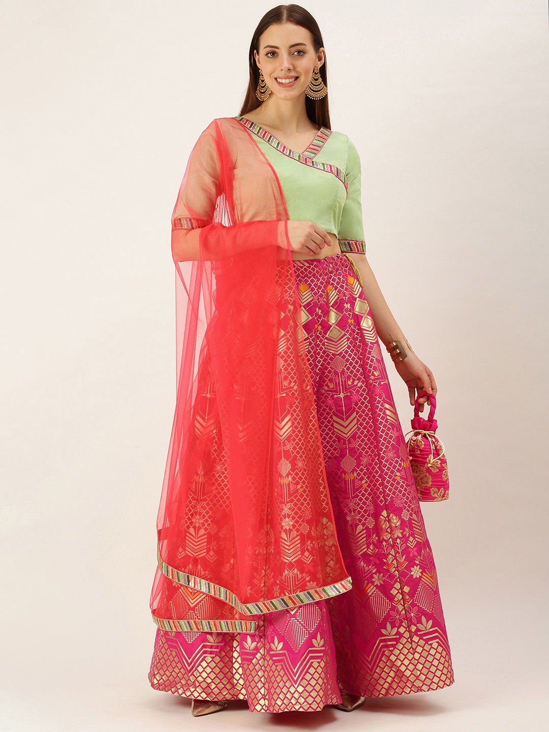 Ethnovog Pink Green Made to Measure Lehenga Blouse With Dupatta