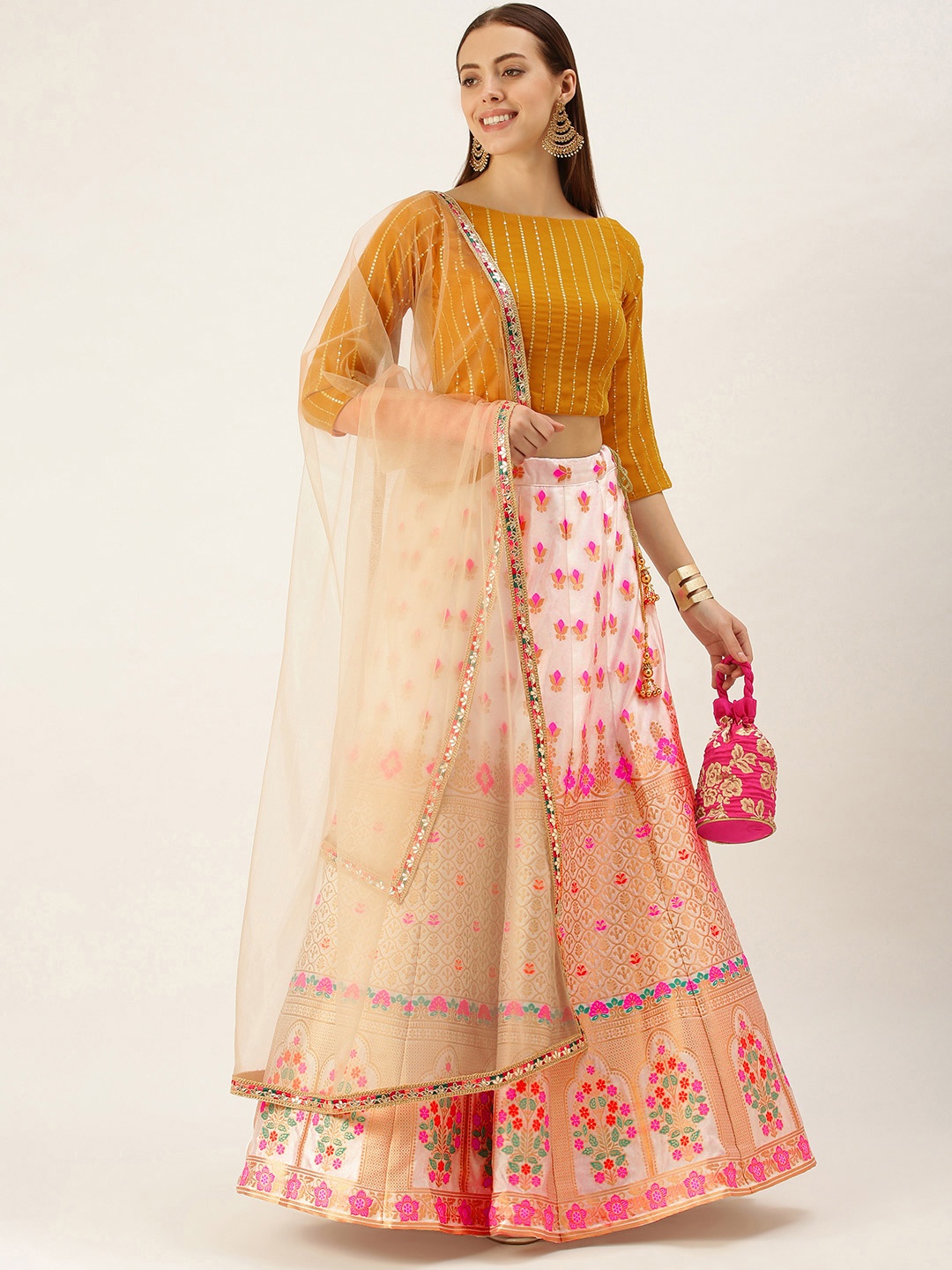 

Ethnovog Mustard White Embroidered Made to Measure Lehenga Blouse With Dupatta