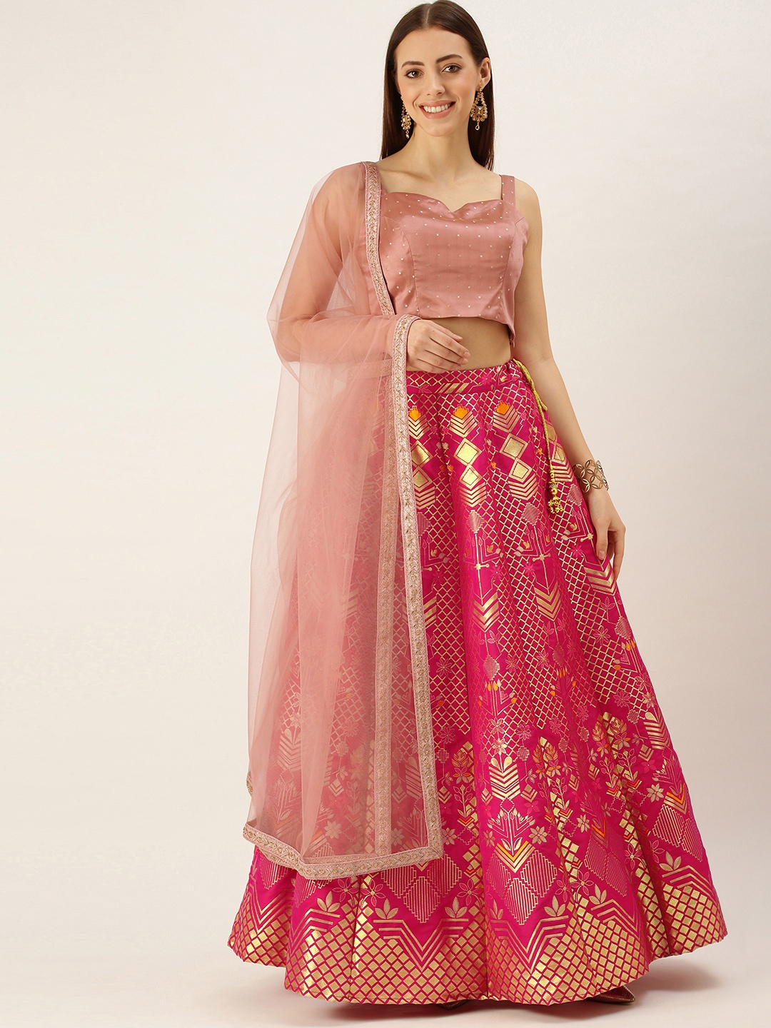 Ethnovog Pink Golden Made to Measure Lehenga Blouse With Dupatta