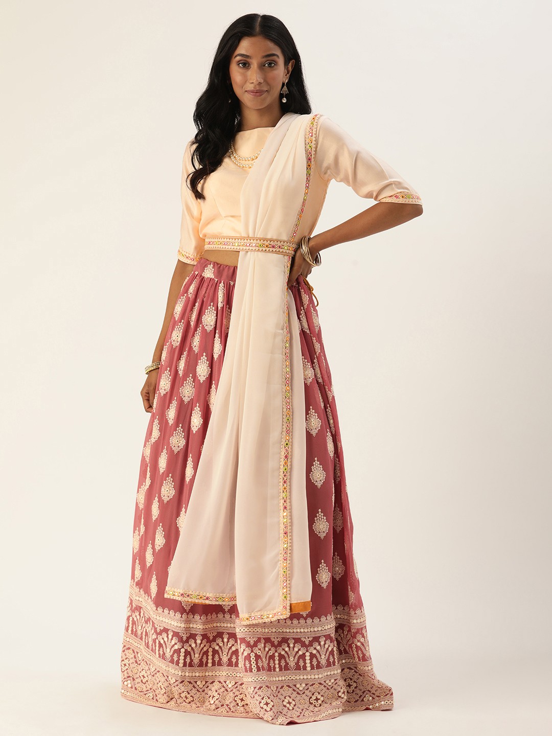 

Ethnovog Beige Brown Embroidered Made to Measure Lehenga Blouse With Dupatta