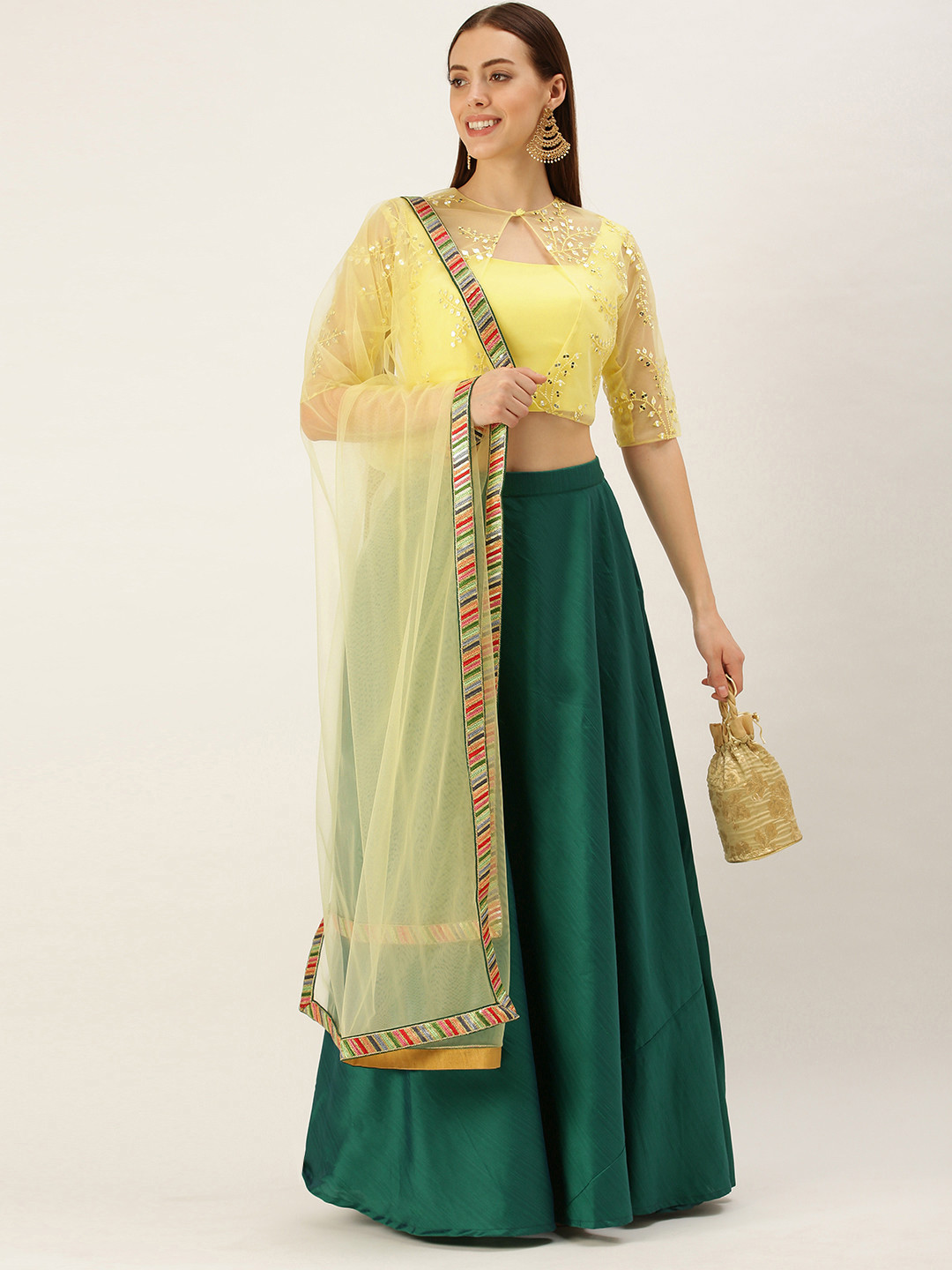 

Ethnovog Green Yellow Made to Measure Lehenga Blouse With Dupatta