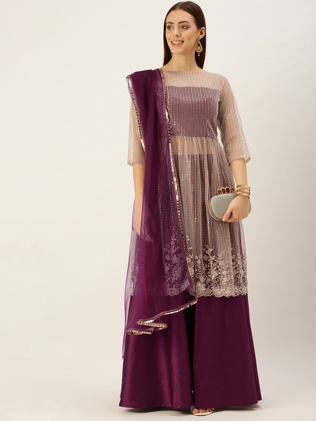 

Ethnovog Purple Off White Embellished Sequinned Ready to Wear Lehenga Set