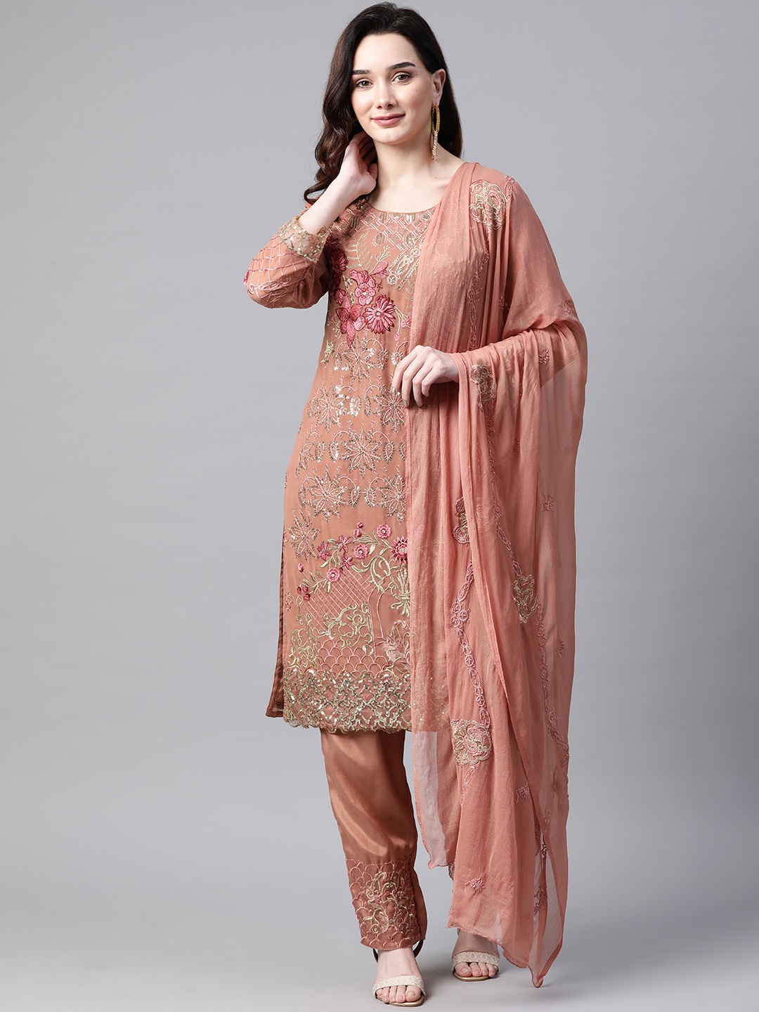 

Readiprint Fashions Brown & Pink Embroidered Unstitched Dress Material