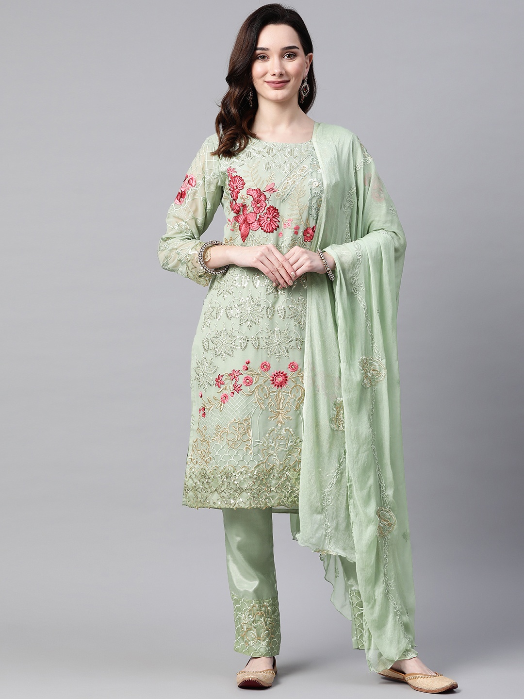 

Readiprint Fashions Green & Pink Embroidered Unstitched Dress Material