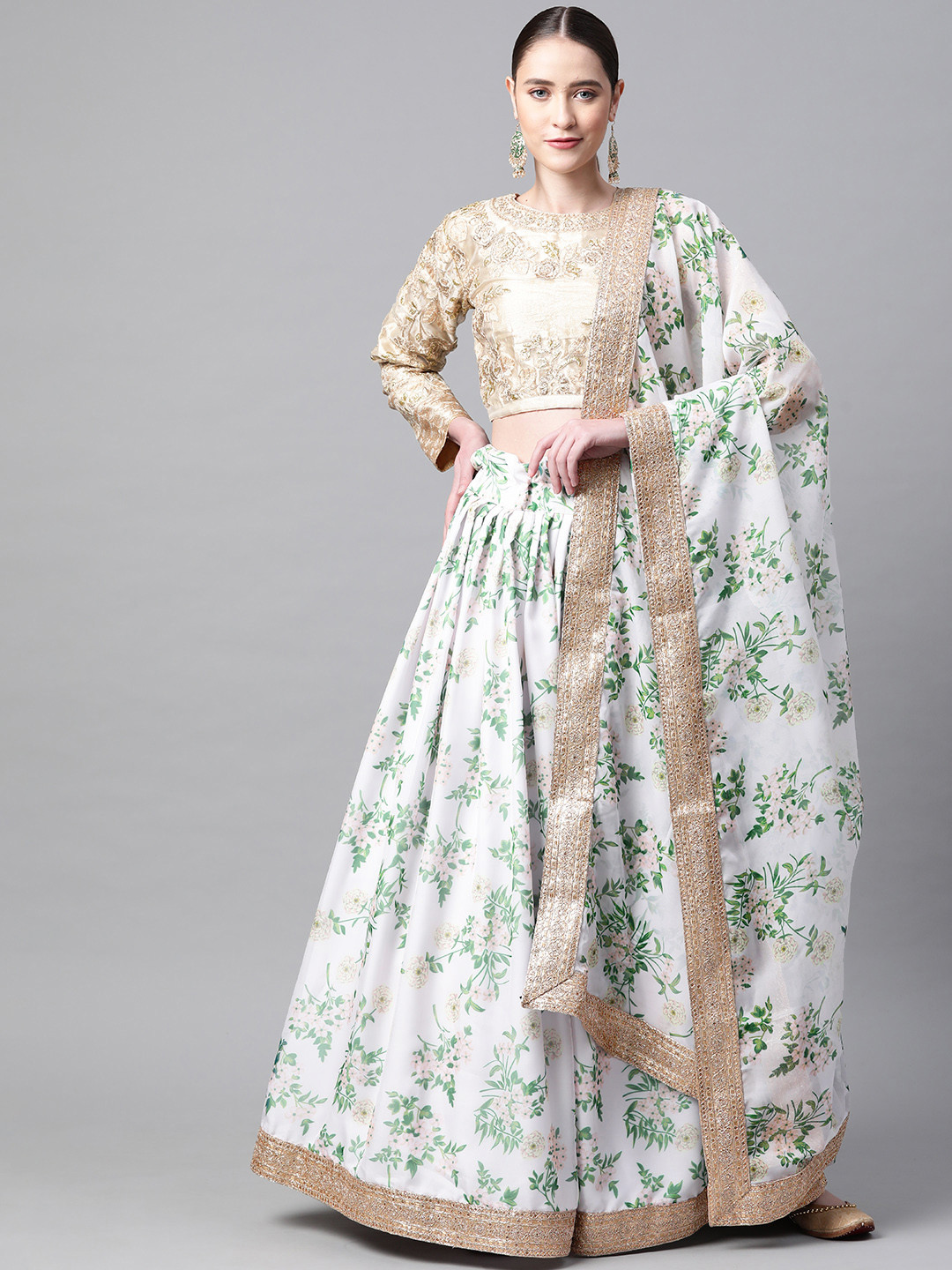 

Readiprint Fashions White & Golden Embroidered Semi-Stitched Lehenga & Blouse with Dupatta
