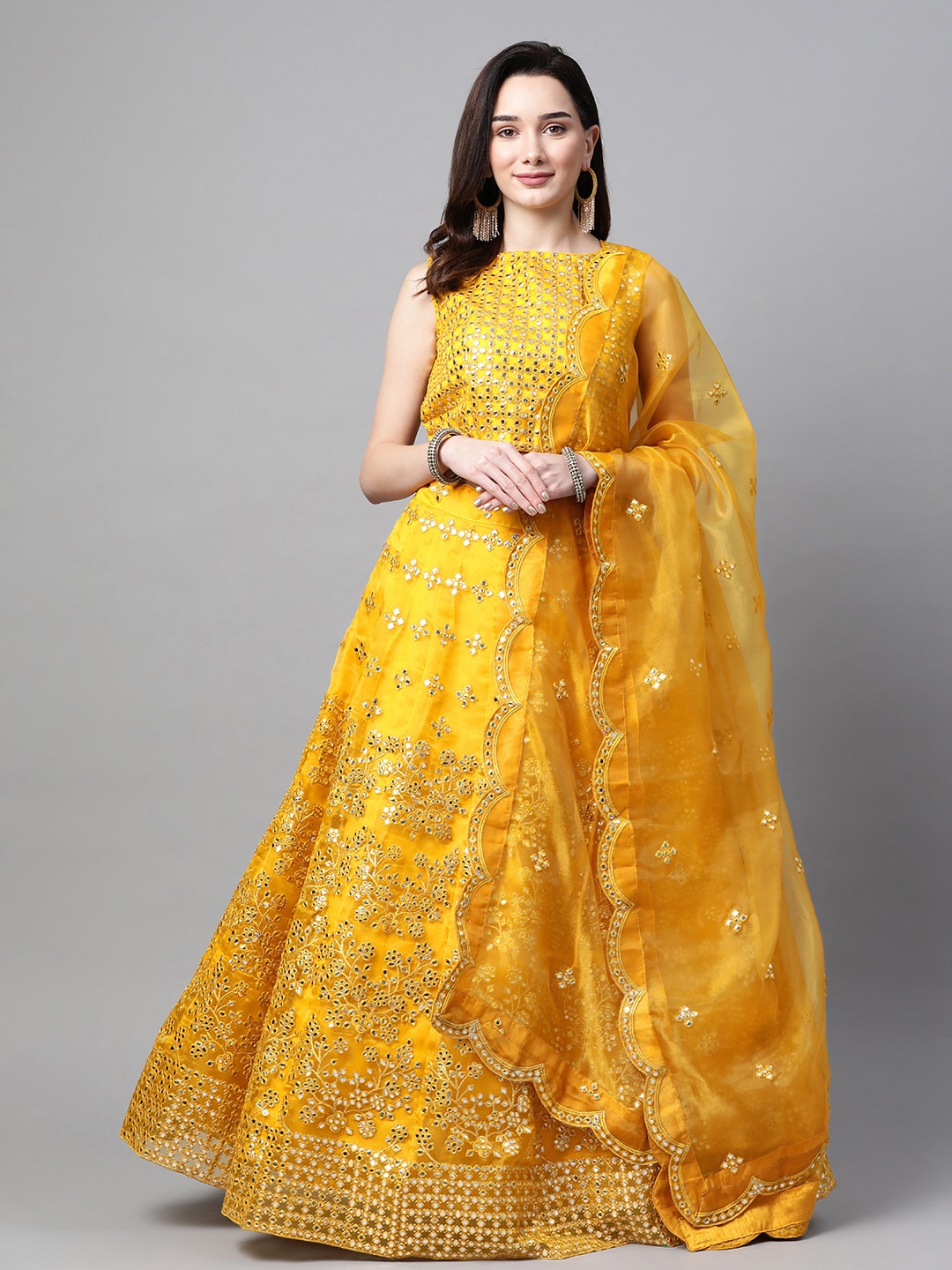 

Readiprint Fashions Mustard Yellow Embroidered Semi-Stitched Lehenga & Blouse with Dupatta