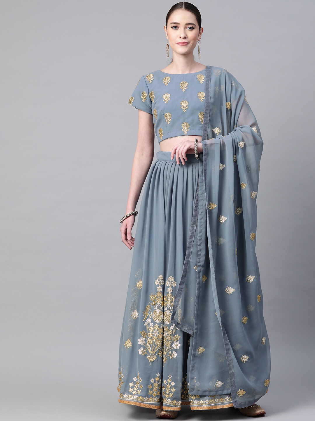 

Readiprint Fashions Grey & Golden Embellished Semi-Stitched Lehenga & Blouse with Dupatta