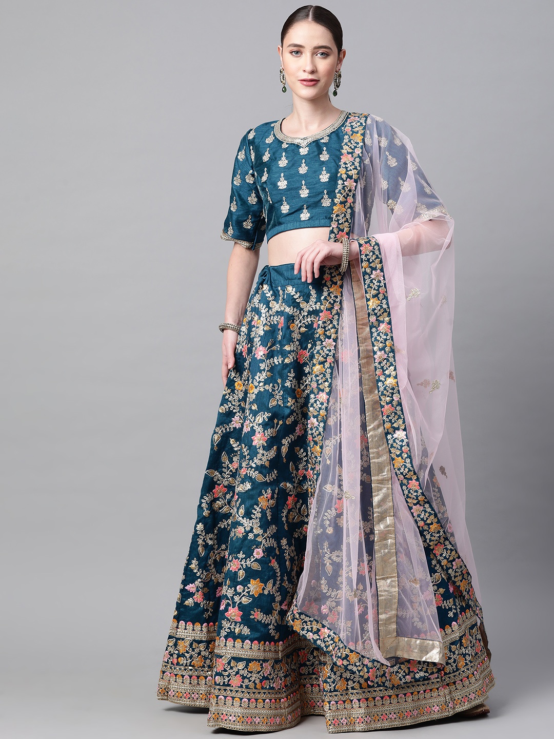 

Readiprint Fashions Teal Blue Embroidered Semi-Stitched Lehenga & Blouse with Dupatta