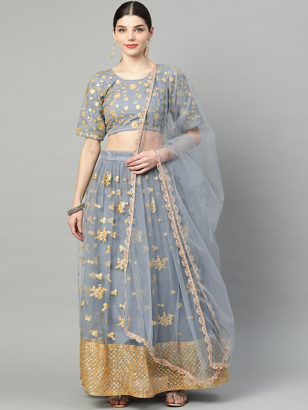 

Readiprint Fashions Grey Semi-Stitched Lehenga & Unstitched Blouse with Dupatta