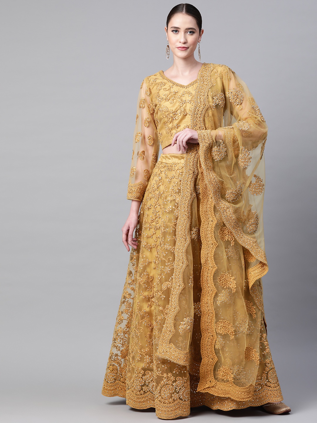 

Readiprint Fashions Gold-Toned Embellished Beads and Stones Semi-Stitched Lehenga & Unstitched Blouse With