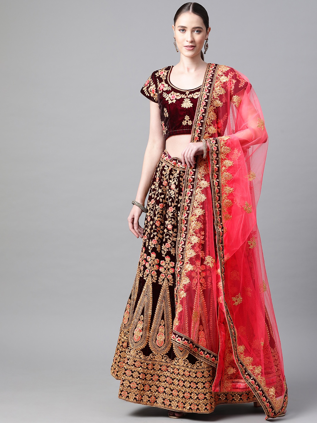 

Readiprint Fashions Maroon Embroidered Semi-Stitched Lehenga & Blouse with Dupatta