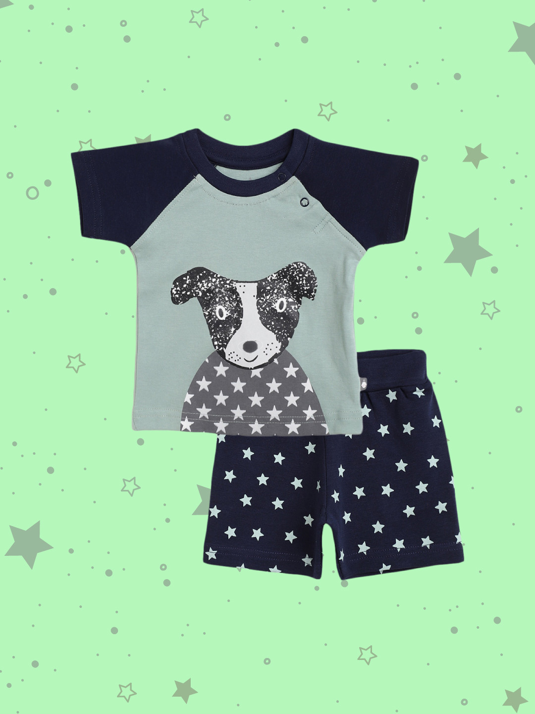 

TINYO Infant Boys Green & Navy Blue Cotton Printed T-Shirt with Shorts