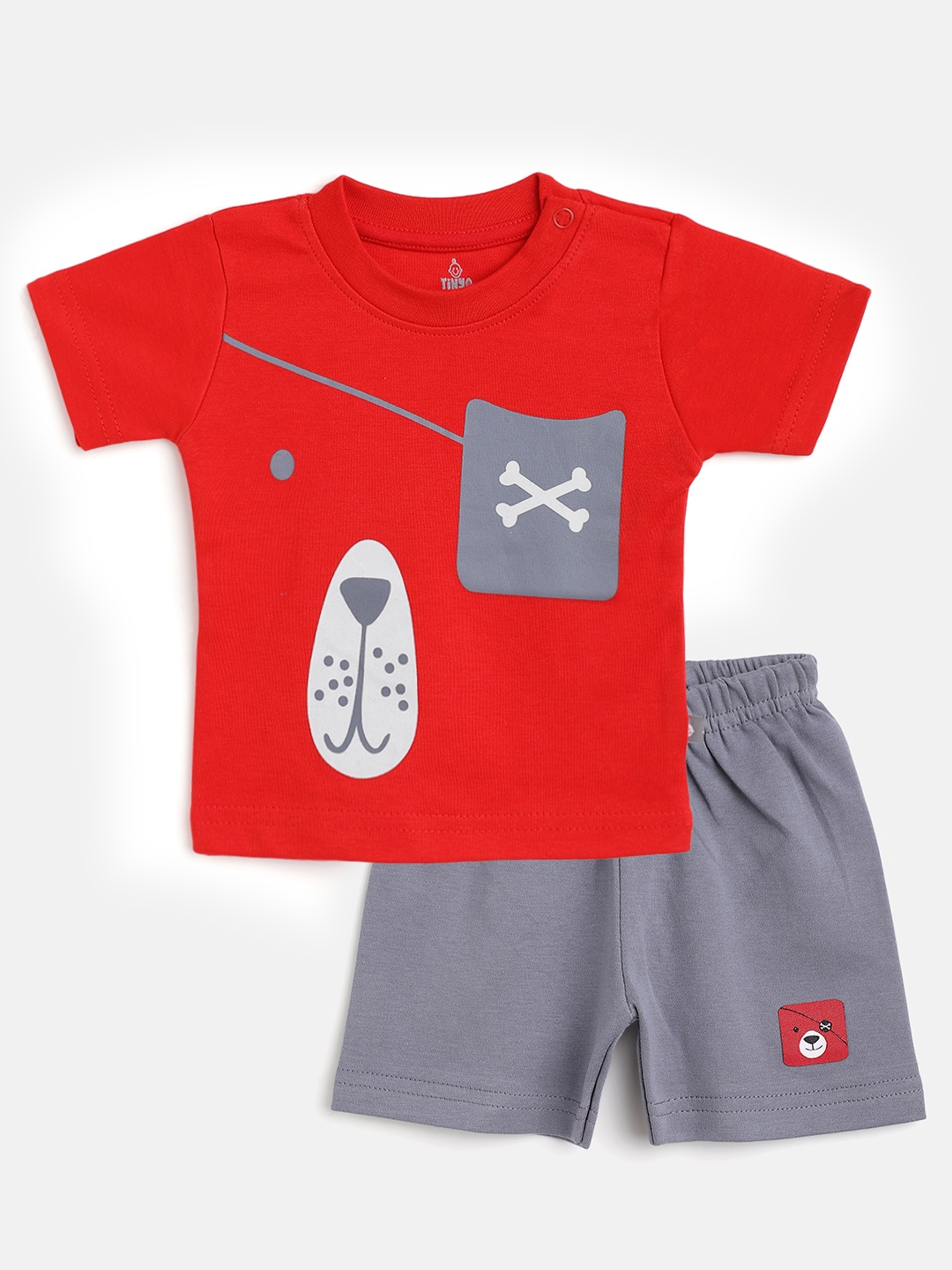 

TINYO Infant Boys Red & Grey Cotton Printed T-Shirt with Shorts