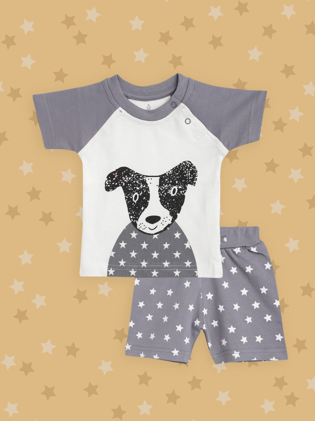 

TINYO Infant Boys Off-White & Grey Cotton Printed T-Shirt with Shorts