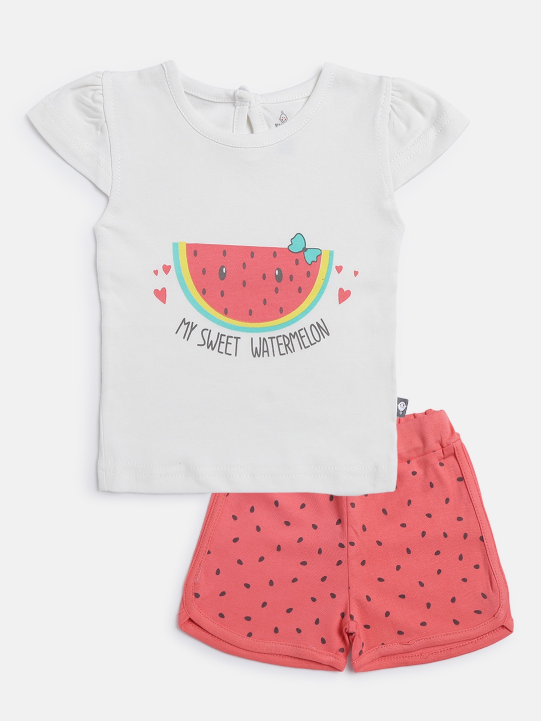 

TINYO Girls White & Peach-Coloured Printed Pure Cotton Co-Ord Set
