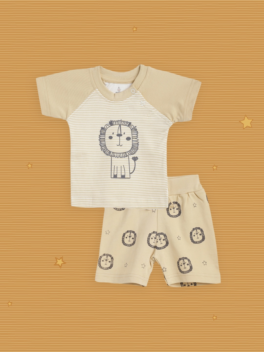 

TINYO Infant Boys White & Beige Striped & Graphic Print Cotton Co-ord Set