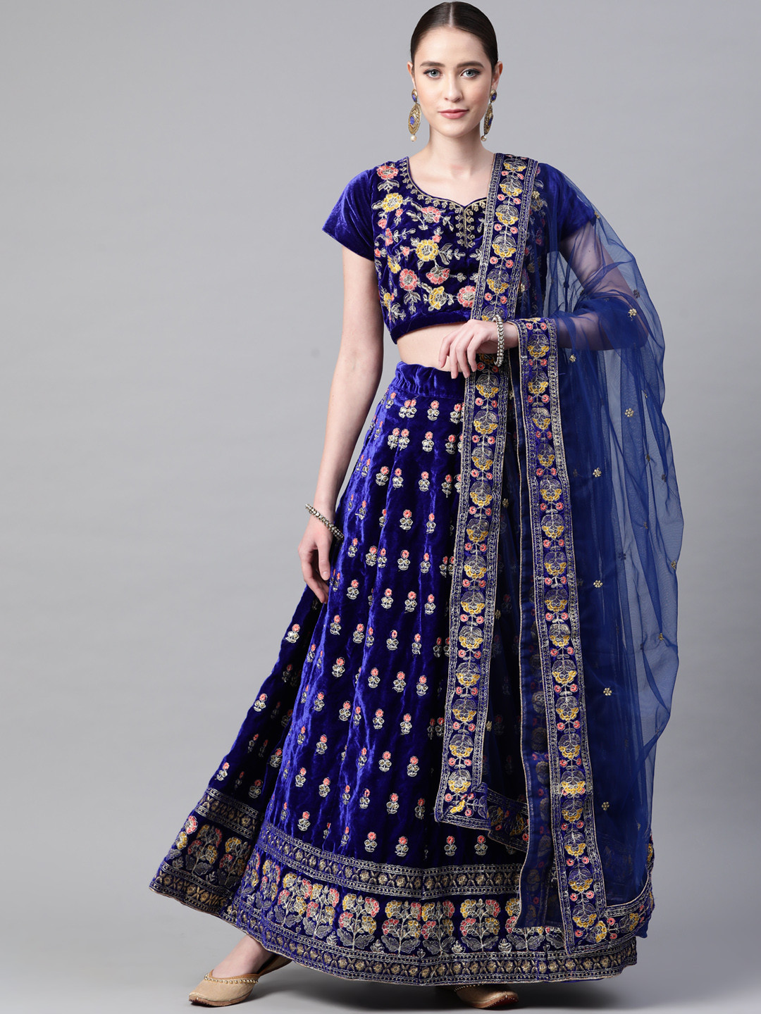 

Readiprint Fashions Blue & Gold-Toned Embroidered Thread Work Semi-Stitched Lehenga & Unstitched Blouse With