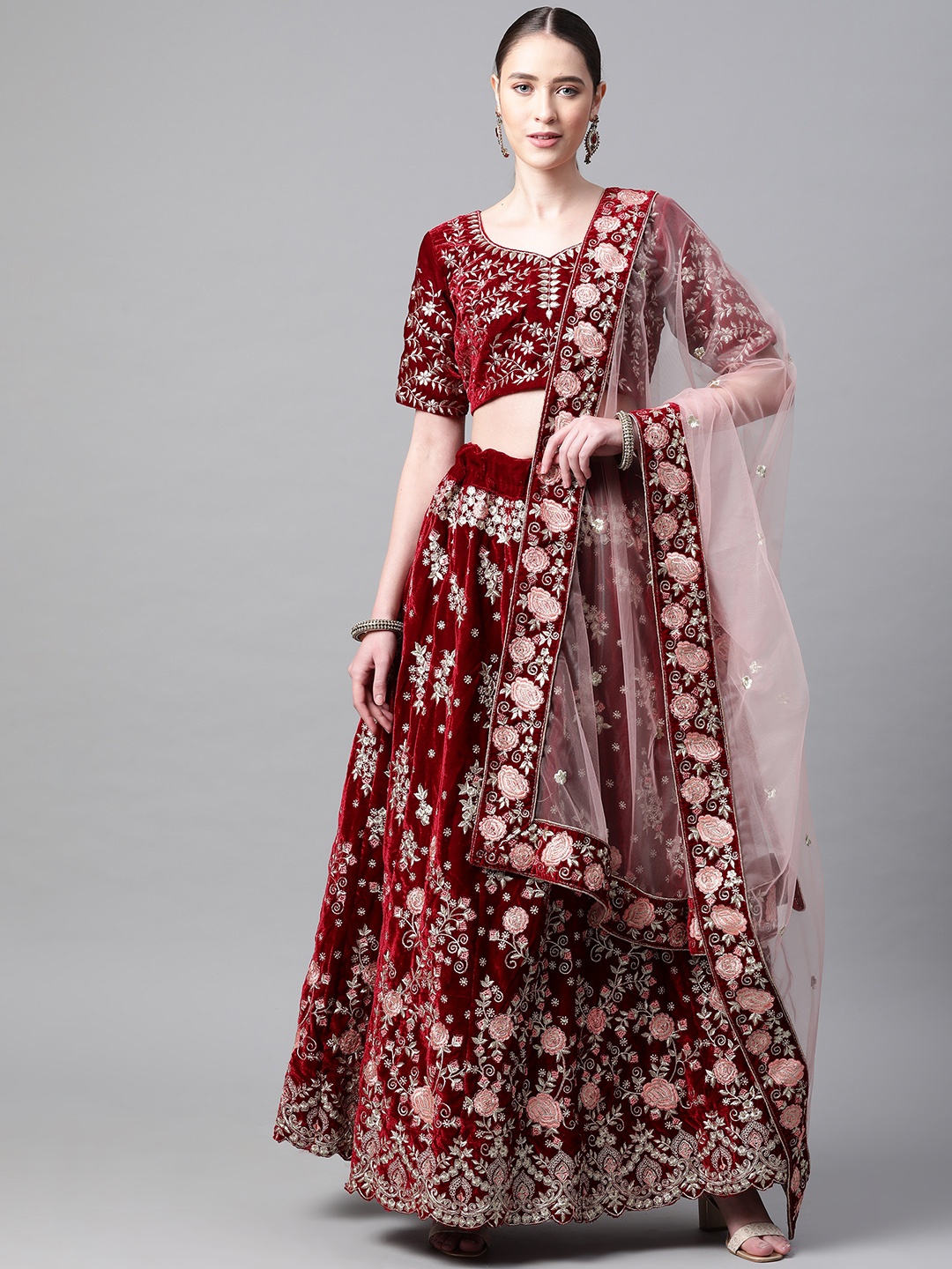 

Readiprint Fashions Maroon Embroidered Semi-Stitched Lehenga & Blouse with Dupatta