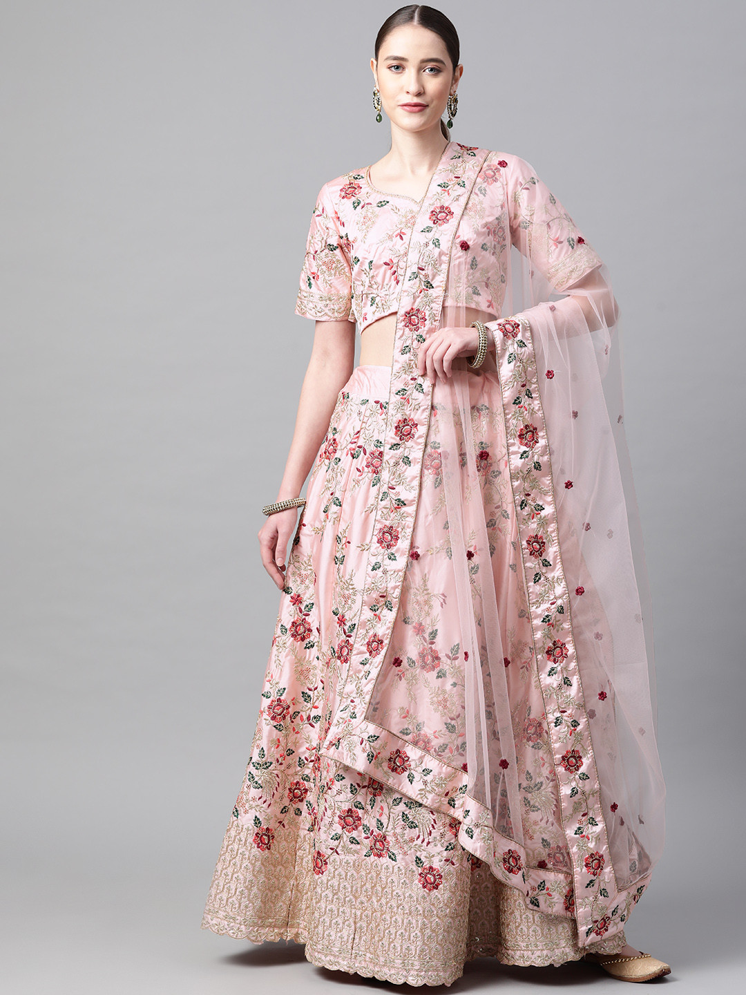 

Readiprint Fashions Peach-Coloured Embroidered Semi-Stitched Lehenga & Blouse with Dupatta
