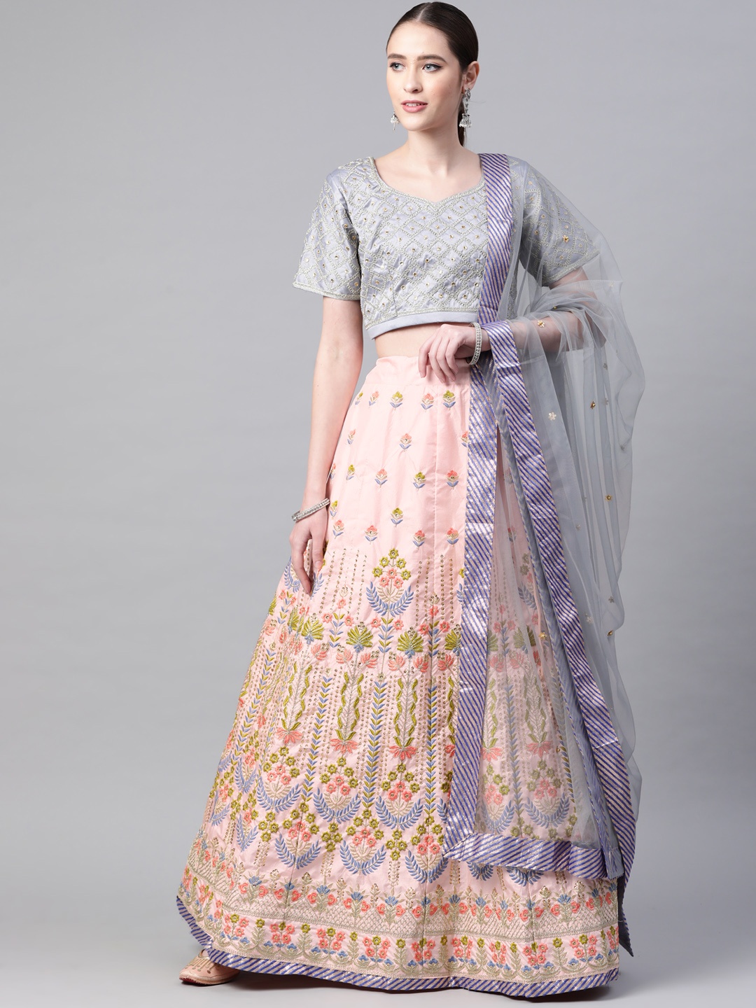 

Readiprint Fashions Pink & Grey Embellished Sequinned Semi-Stitched Lehenga & Unstitched Blouse With Dupatta