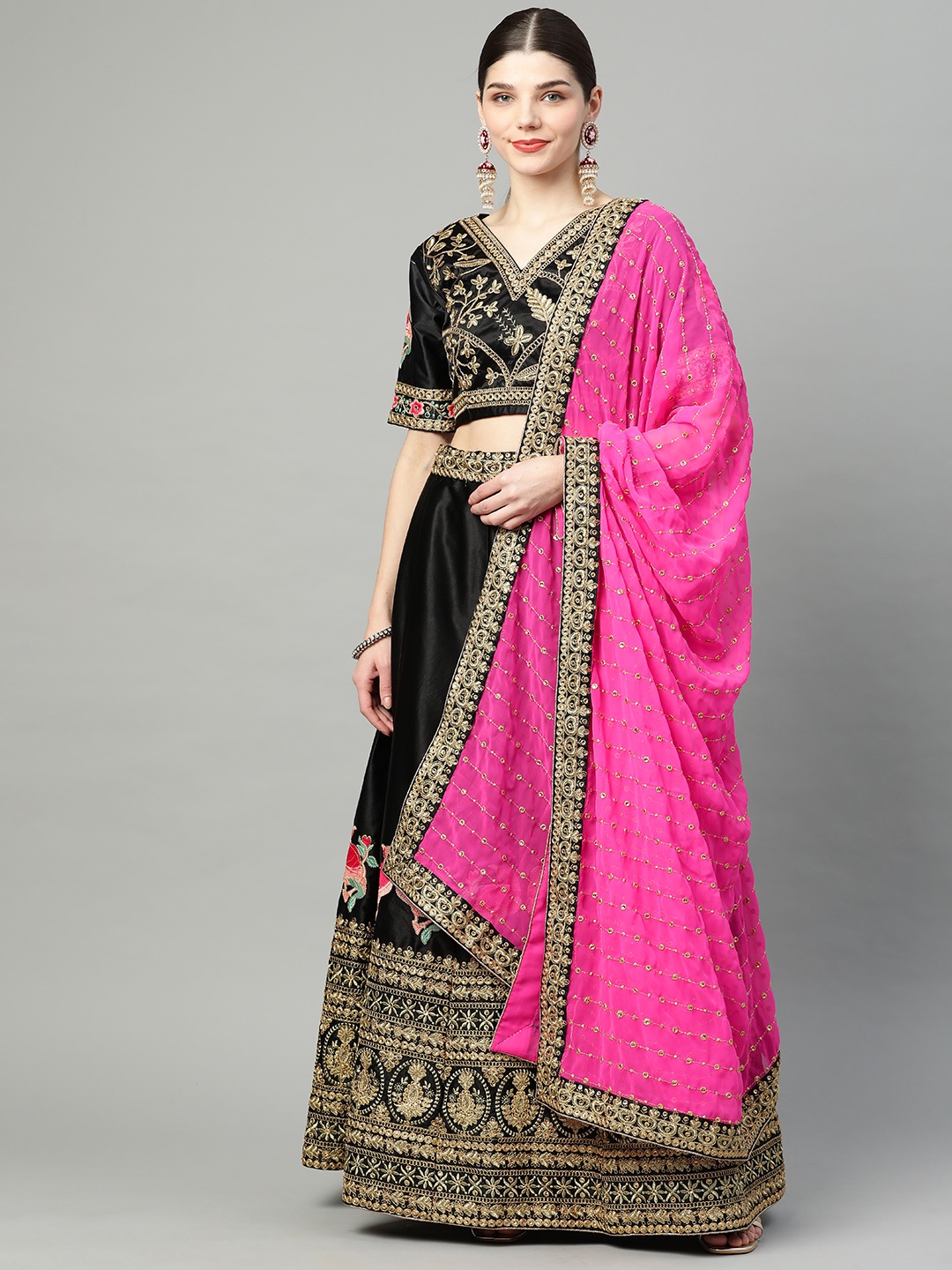 

Readiprint Fashions Black Semi-Stitched Lehenga & Unstitched Blouse with Dupatta