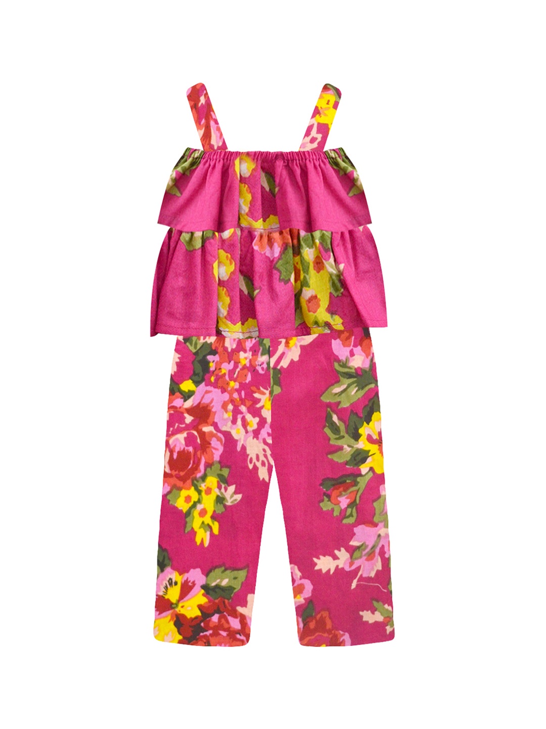 

A T U N Girls Fuchsia & Yellow Basic Jumpsuit with Ruffles