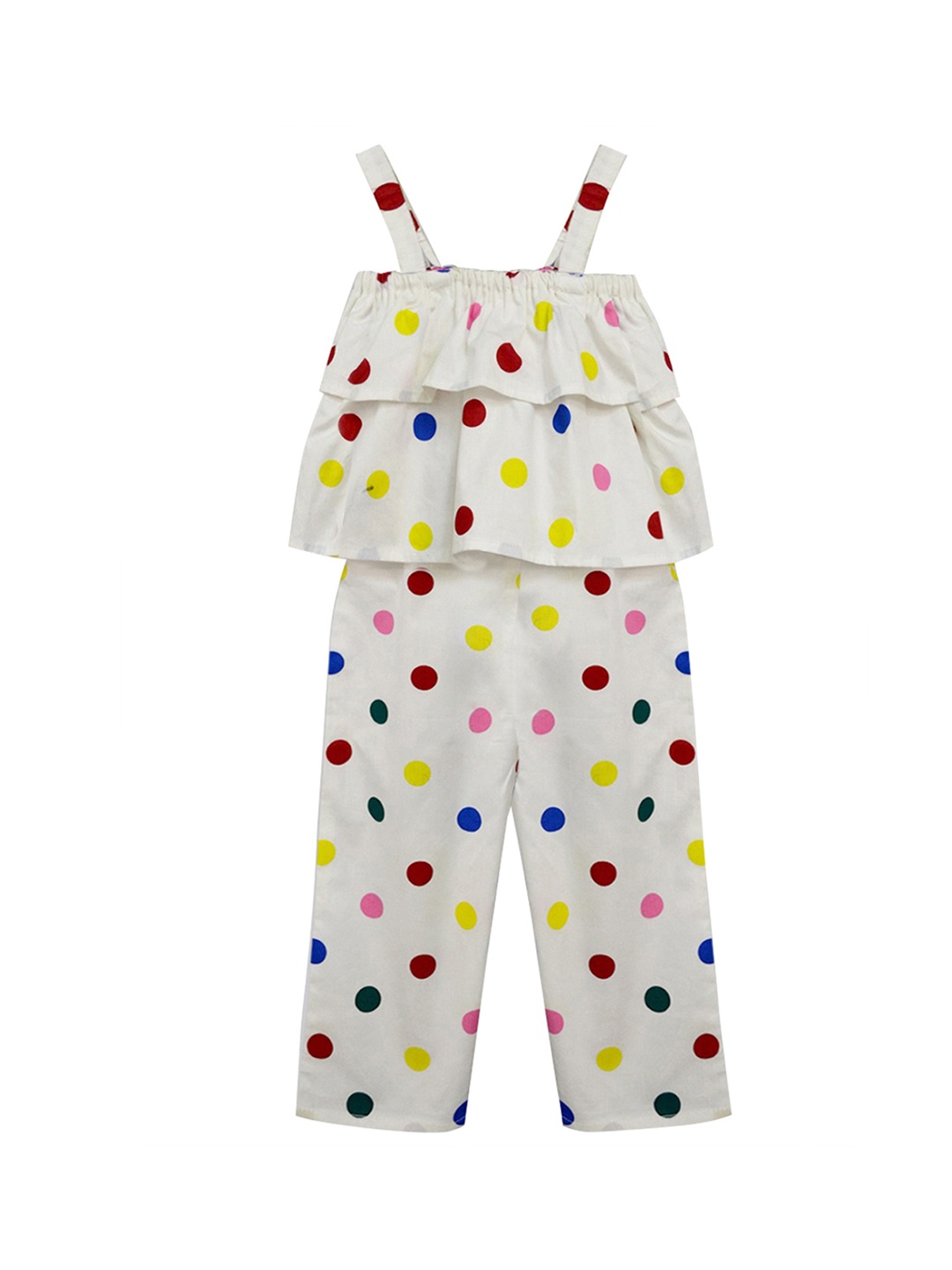 

A T U N Girls Off White & Yellow Printed Basic Jumpsuit with Layered