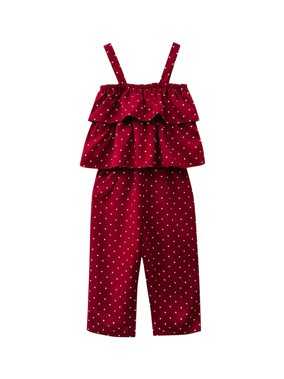 

A T U N Girls Maroon & White Printed Basic Jumpsuit with Ruffles