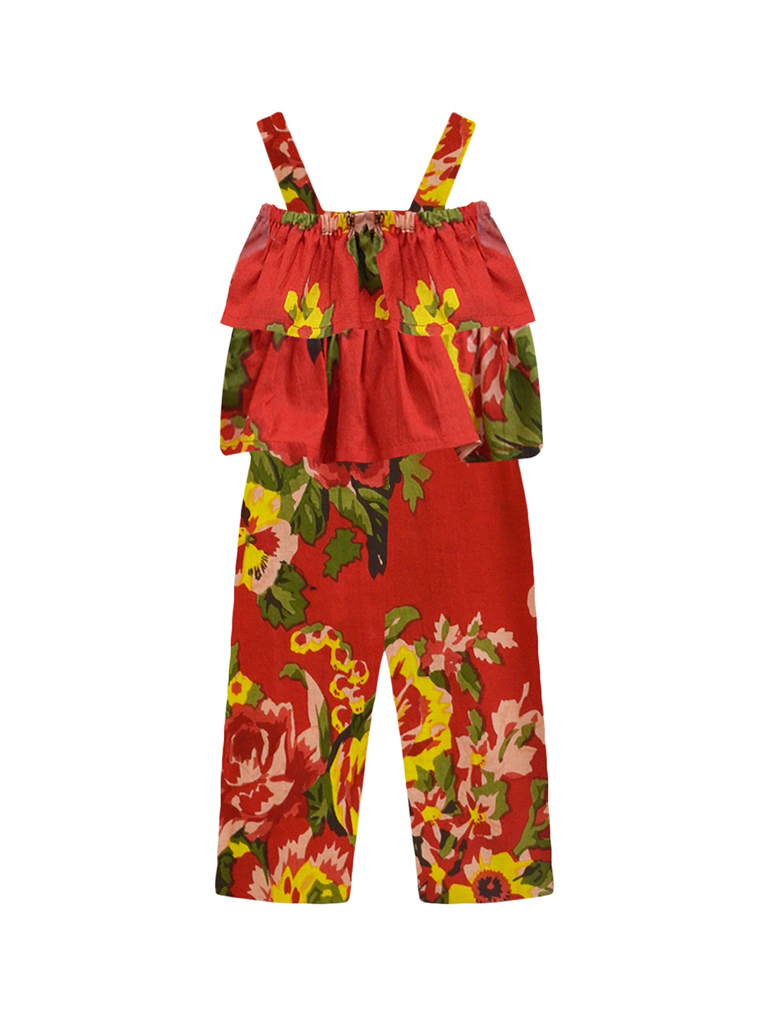 

A T U N Girls Red Printed Basic Jumpsuit