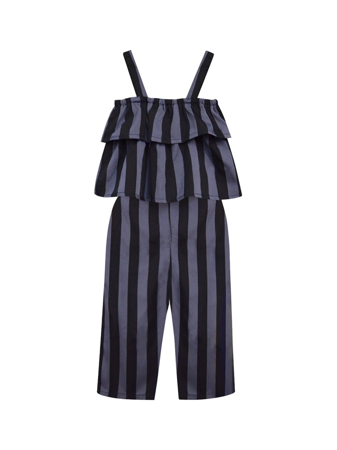 

A T U N Girls Grey & Black Striped Basic Jumpsuit with Layered