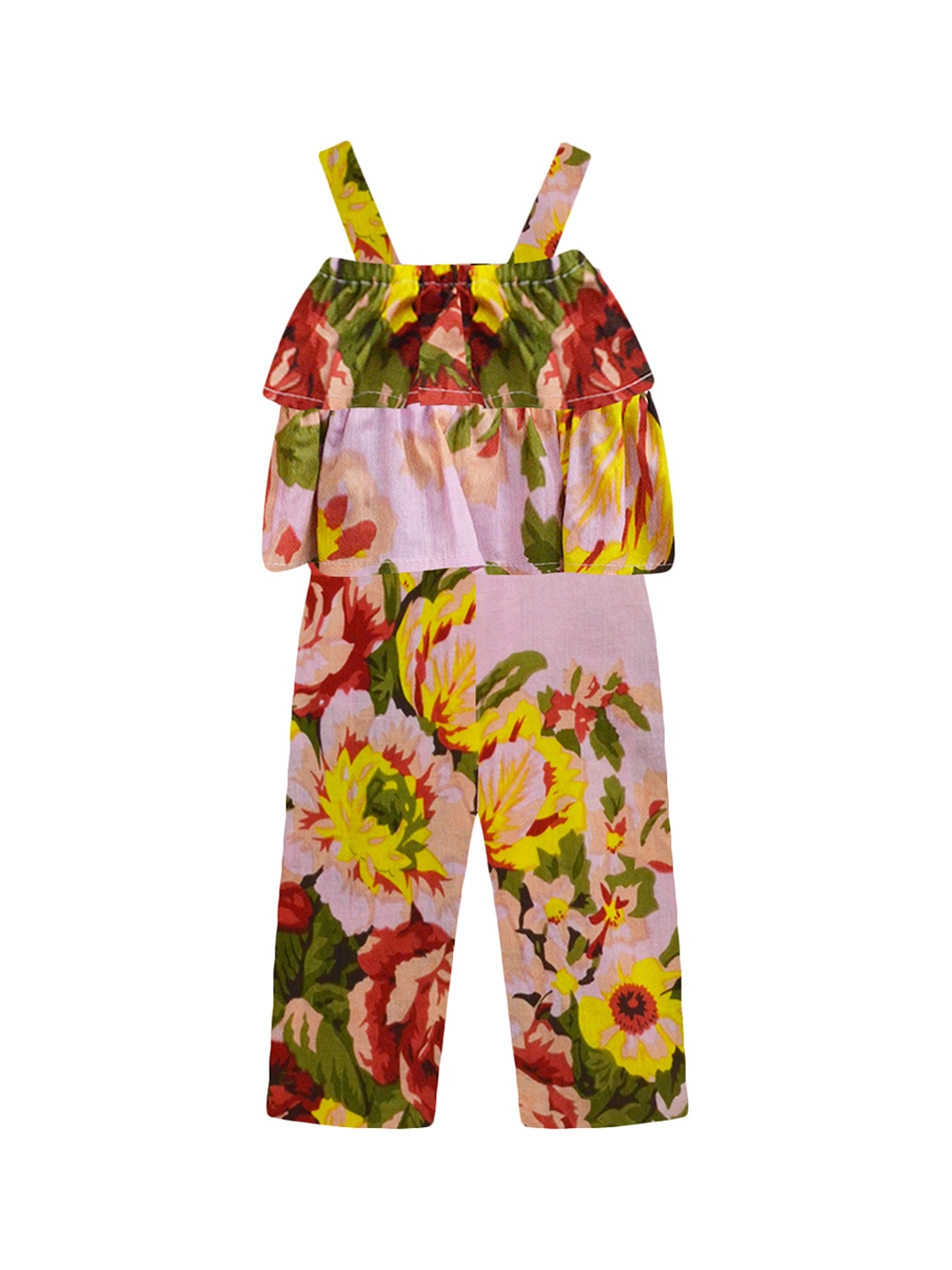 

A T U N Girls Pink & Yellow Printed Basic Jumpsuit with Ruffles