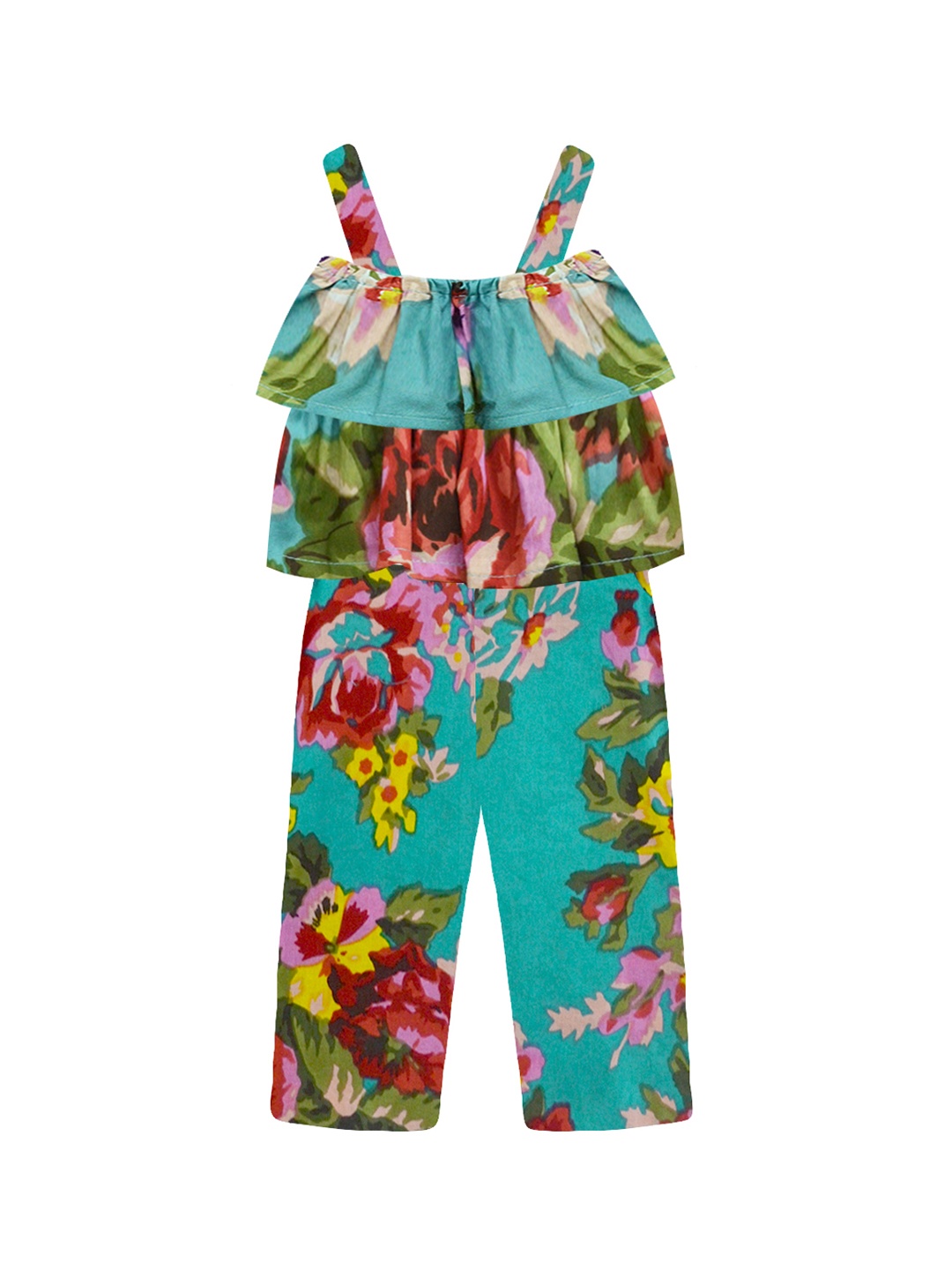 

A T U N Girls Teal Printed Basic Jumpsuit