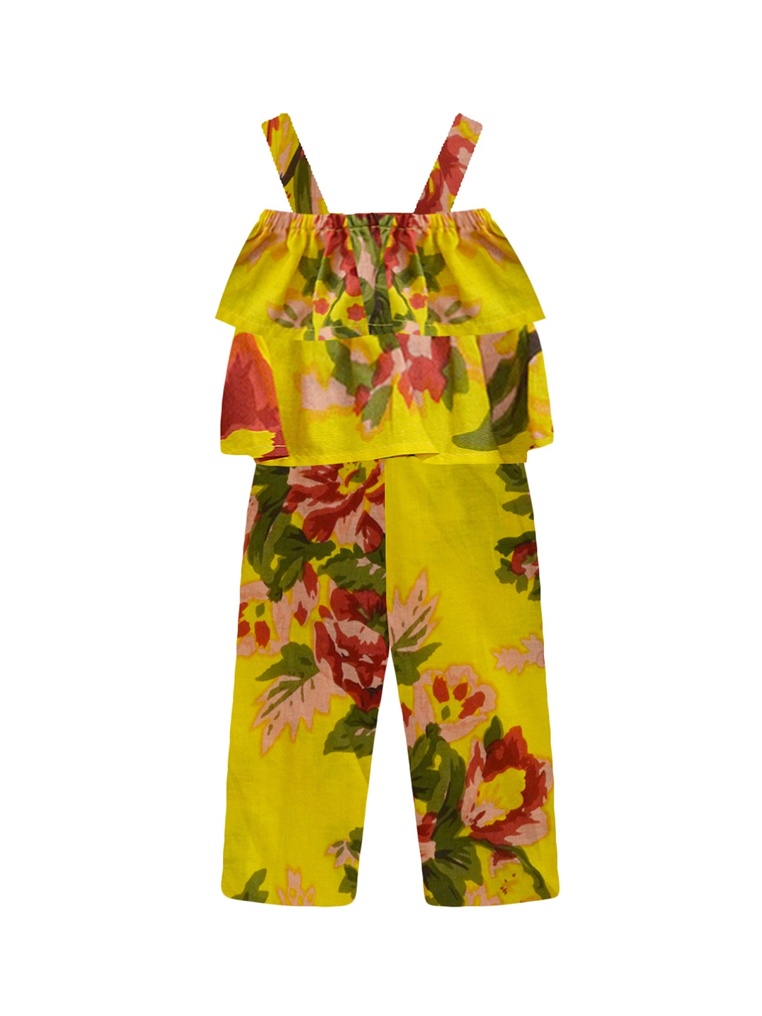 

A T U N Girls Yellow & Red Printed Basic Jumpsuit with Ruffles