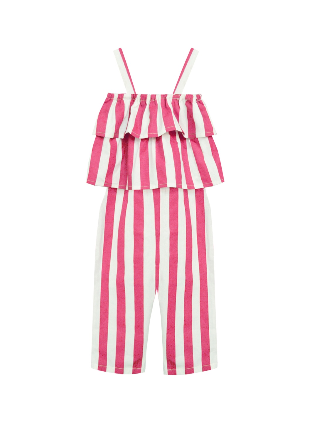 

A T U N Girls Pink & White Striped Basic Jumpsuit with Ruffles