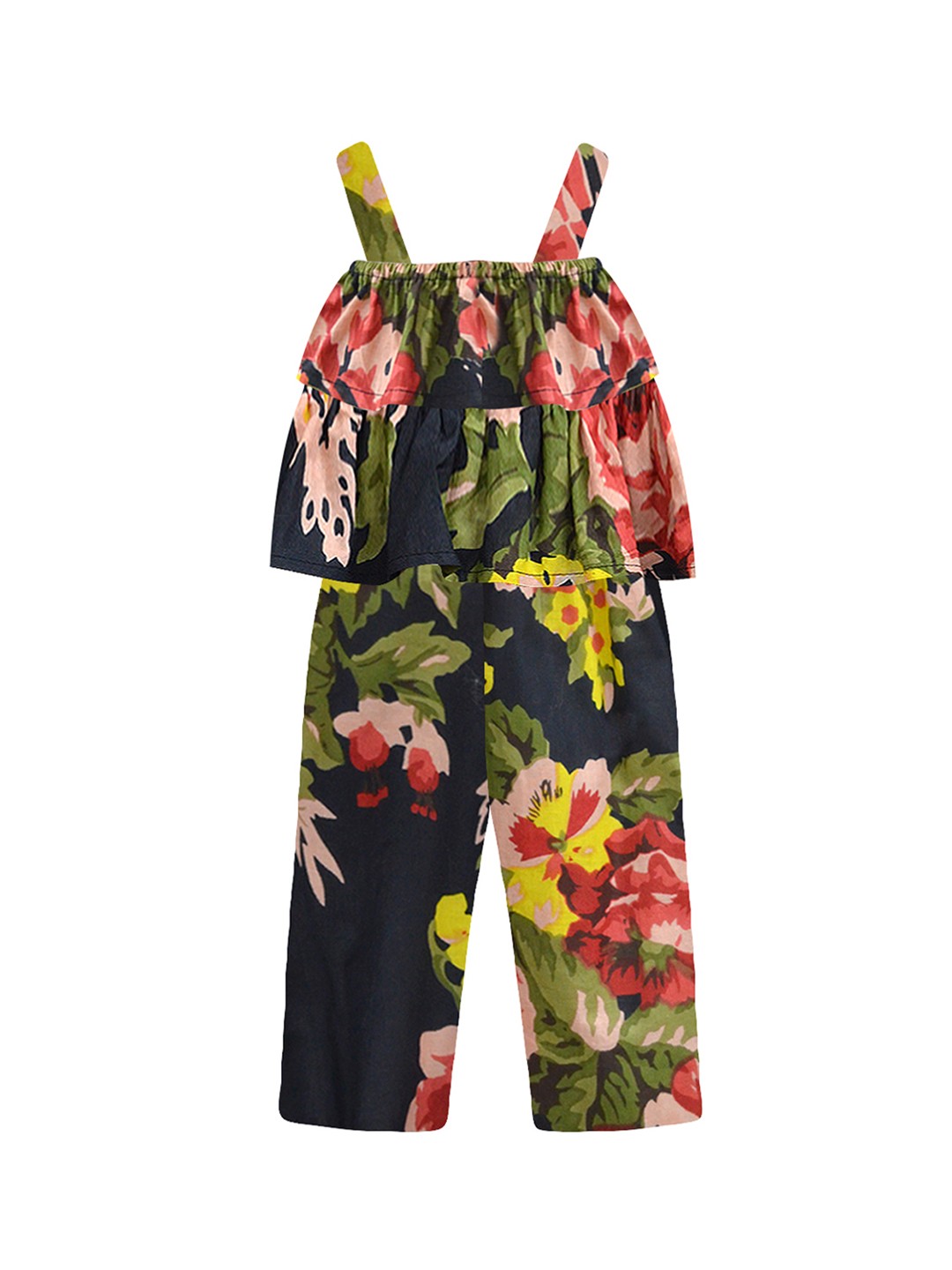 

A T U N Girls Black & Green Printed Basic Jumpsuit with Ruffles