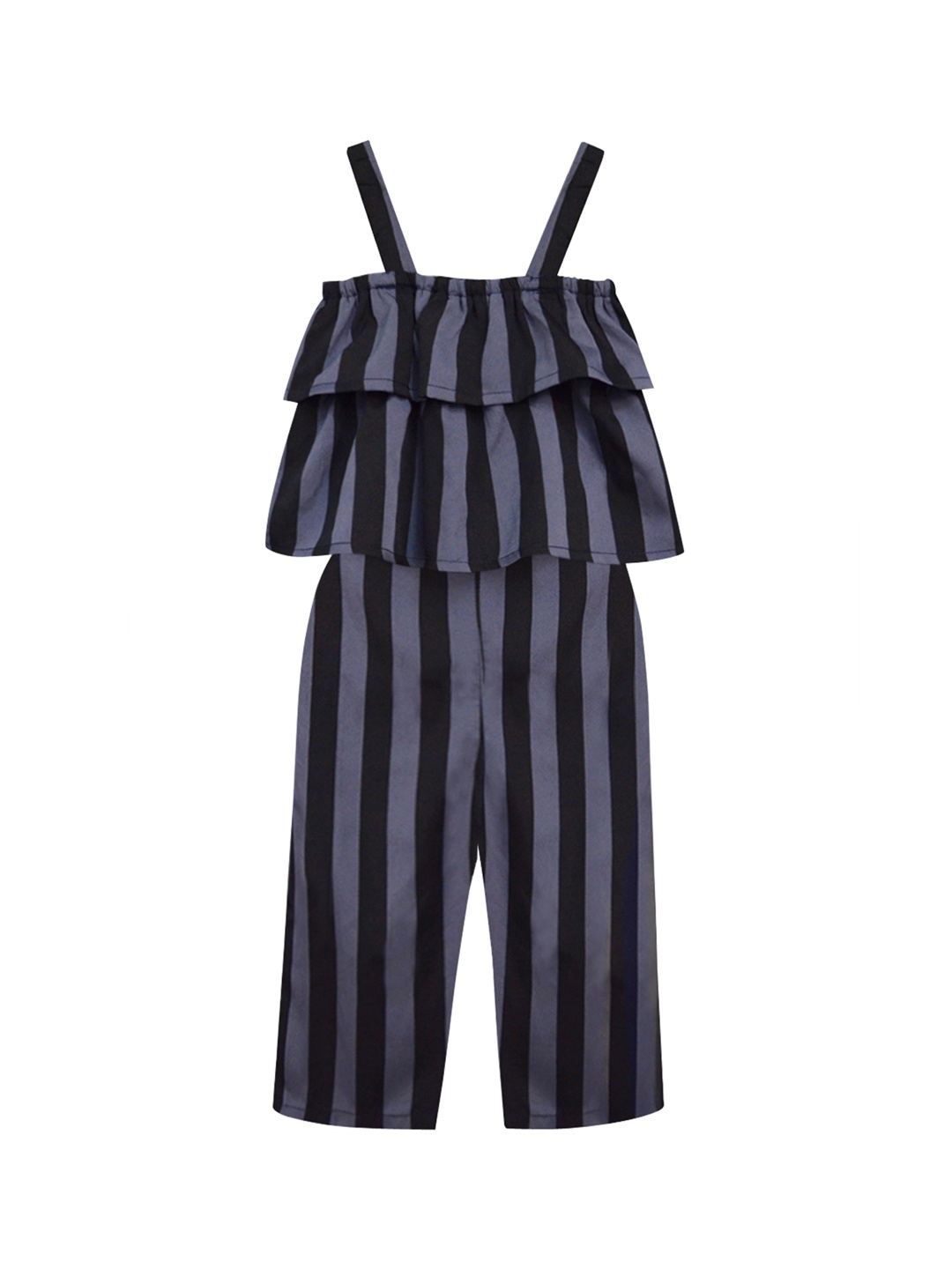 

A T U N Girls Grey & Black Printed Basic Jumpsuit with Ruffles