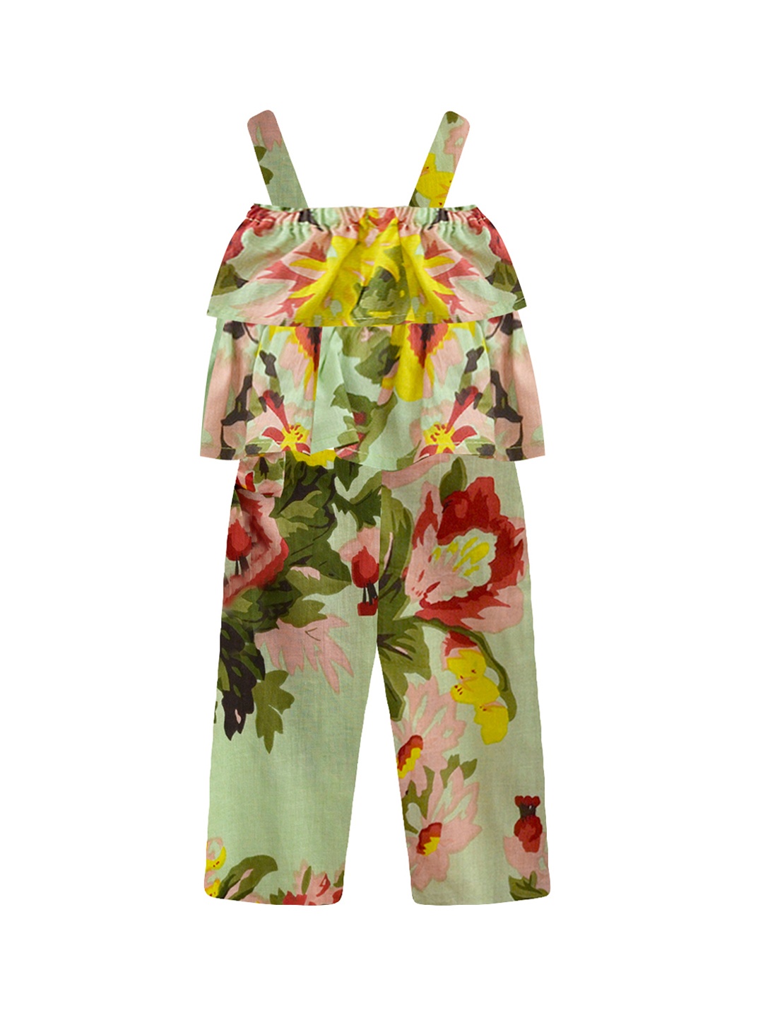 

A T U N Girls Green & Yellow Printed Basic Jumpsuit with Layered