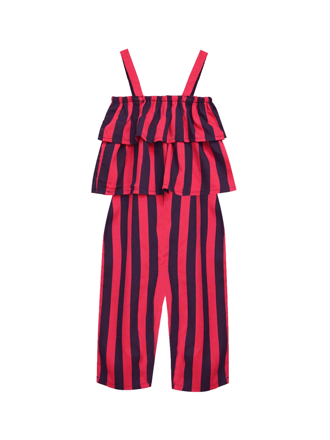 

A T U N Girls Pink & Navy Blue Striped Basic Jumpsuit with Ruffles