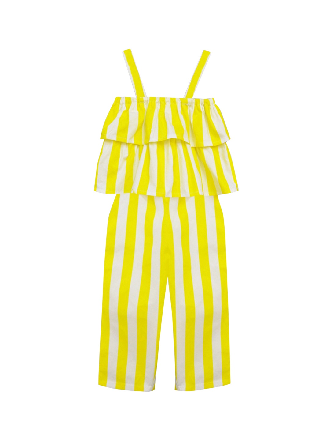 

A T U N Girls Yellow & White Printed Basic Jumpsuit with Ruffles