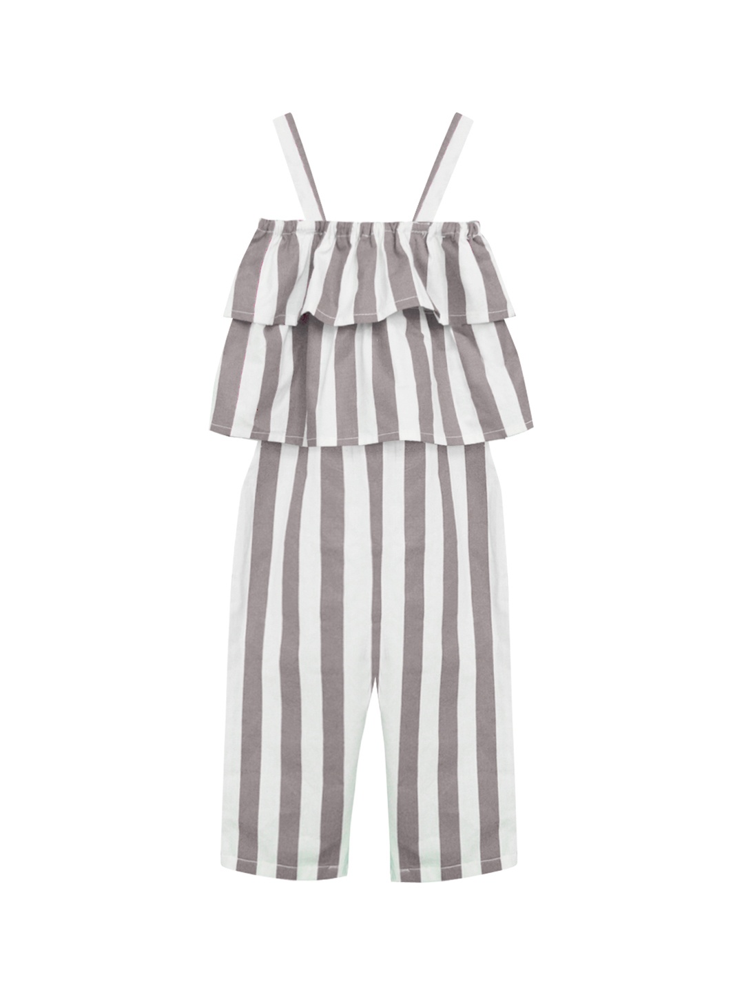 

A T U N Girls Grey & White Striped Basic Jumpsuit with Layered