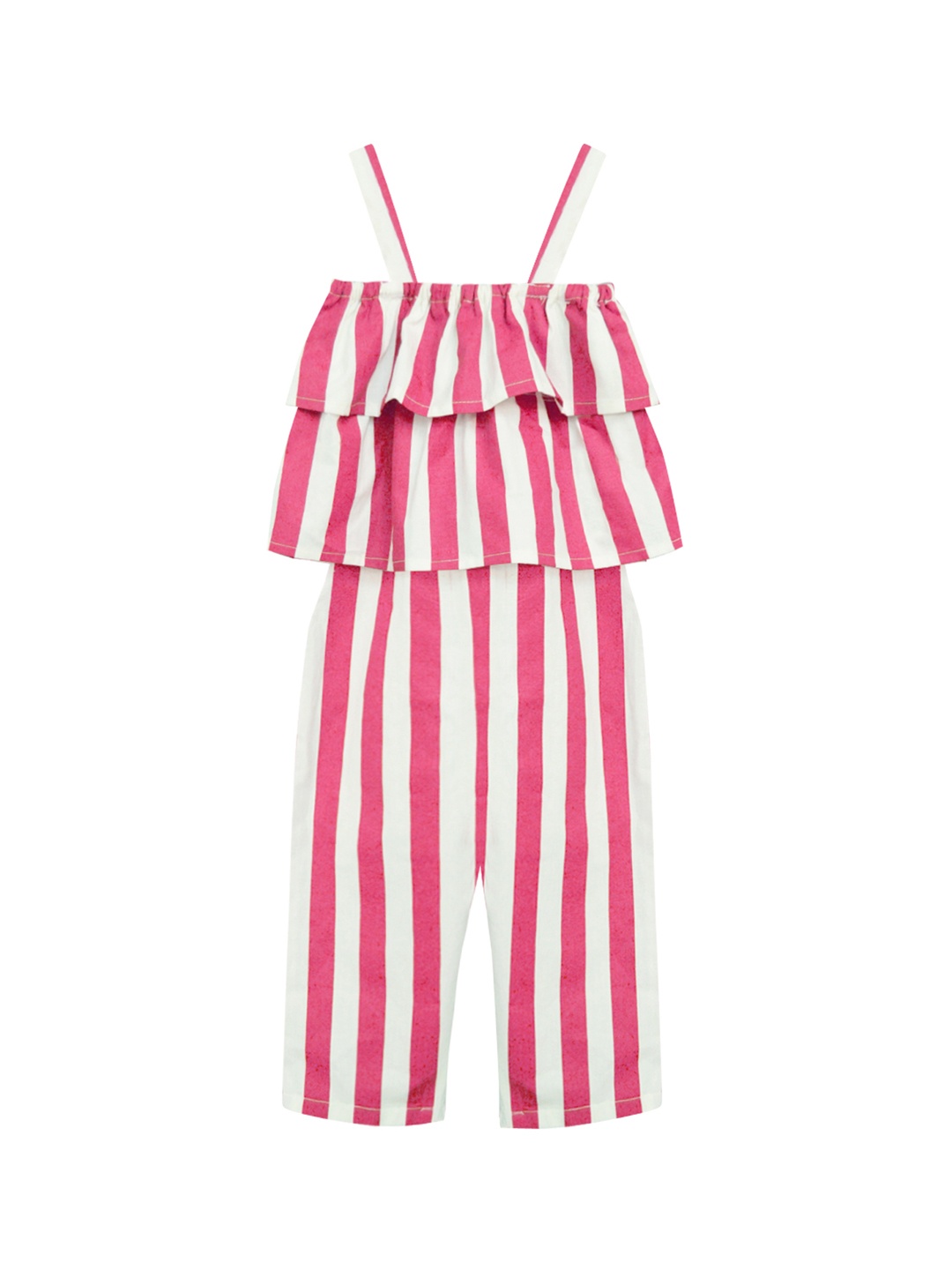 

A T U N Girls Pink & White Striped Basic Jumpsuit with Ruffles