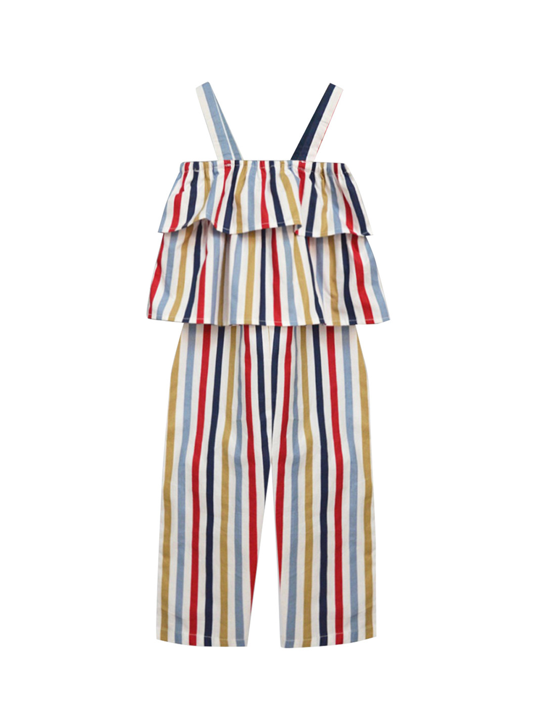 

A T U N Girls Blue & White Striped Basic Jumpsuit with Layered