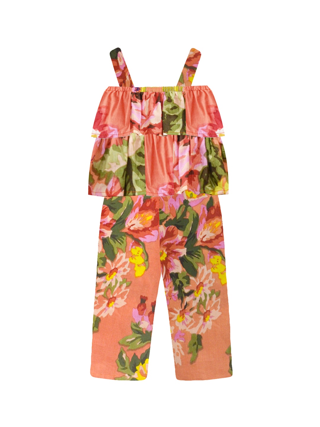 

A T U N Girls Peach-Coloured & Green Printed Basic Jumpsuit with Ruffles