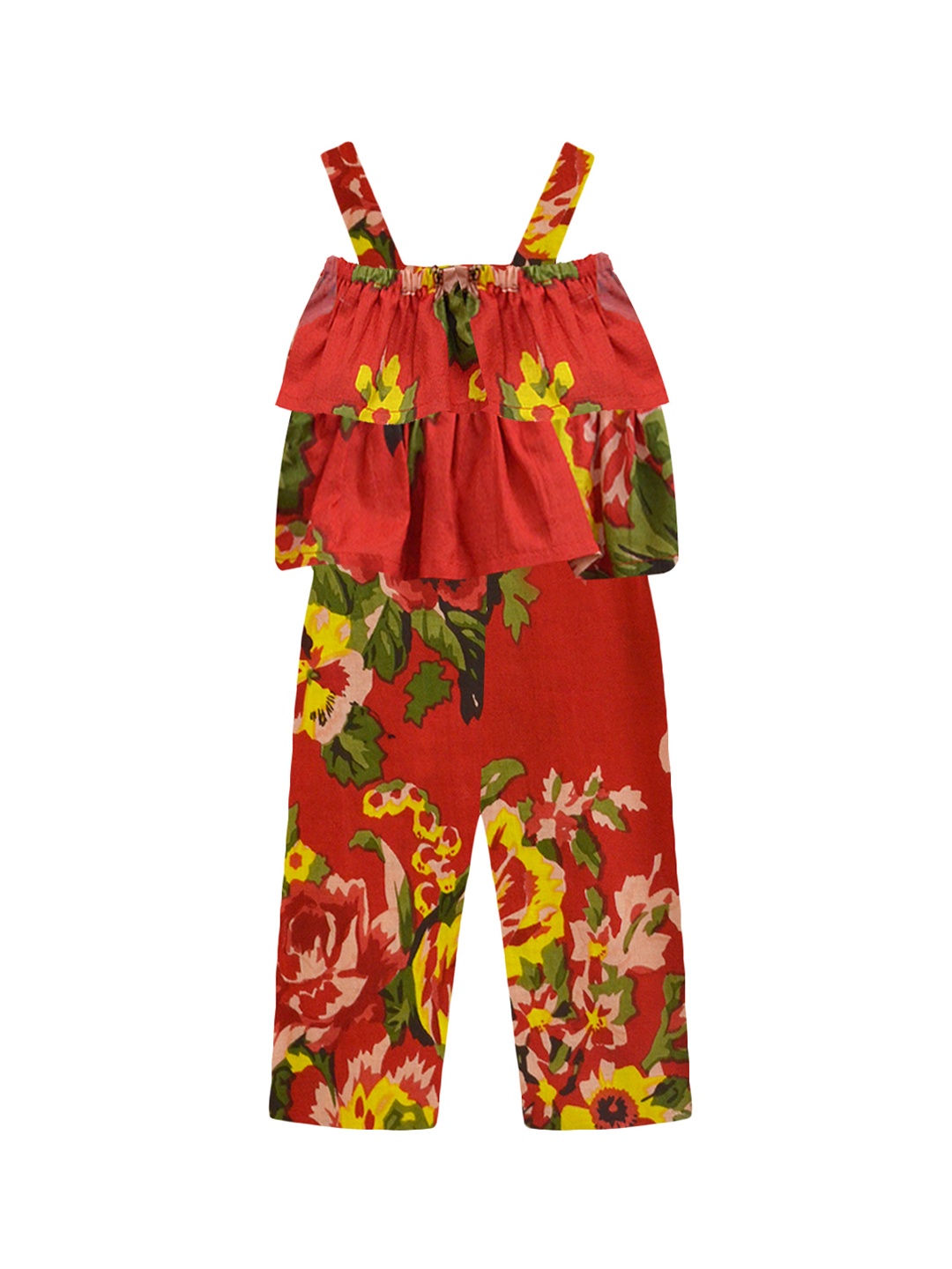 

A T U N Girls Red & Yellow Printed Basic Jumpsuit with Ruffles