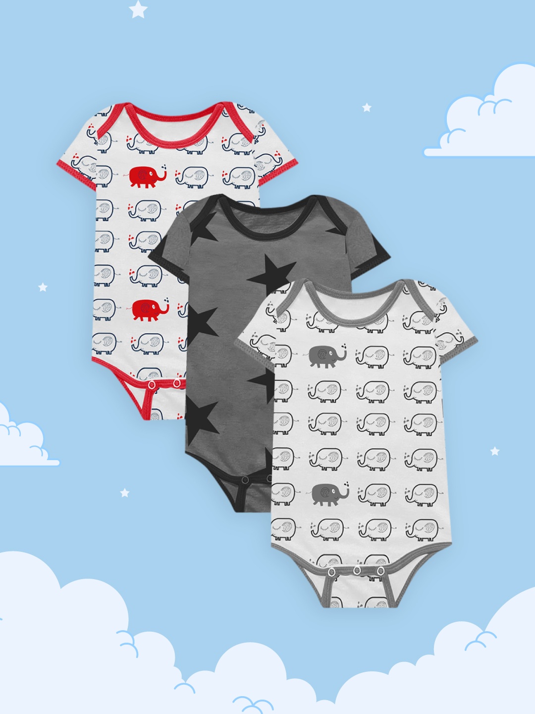 

A.T.U.N. Kids Pack of 3 Printed Pure Cotton Bodysuits, White