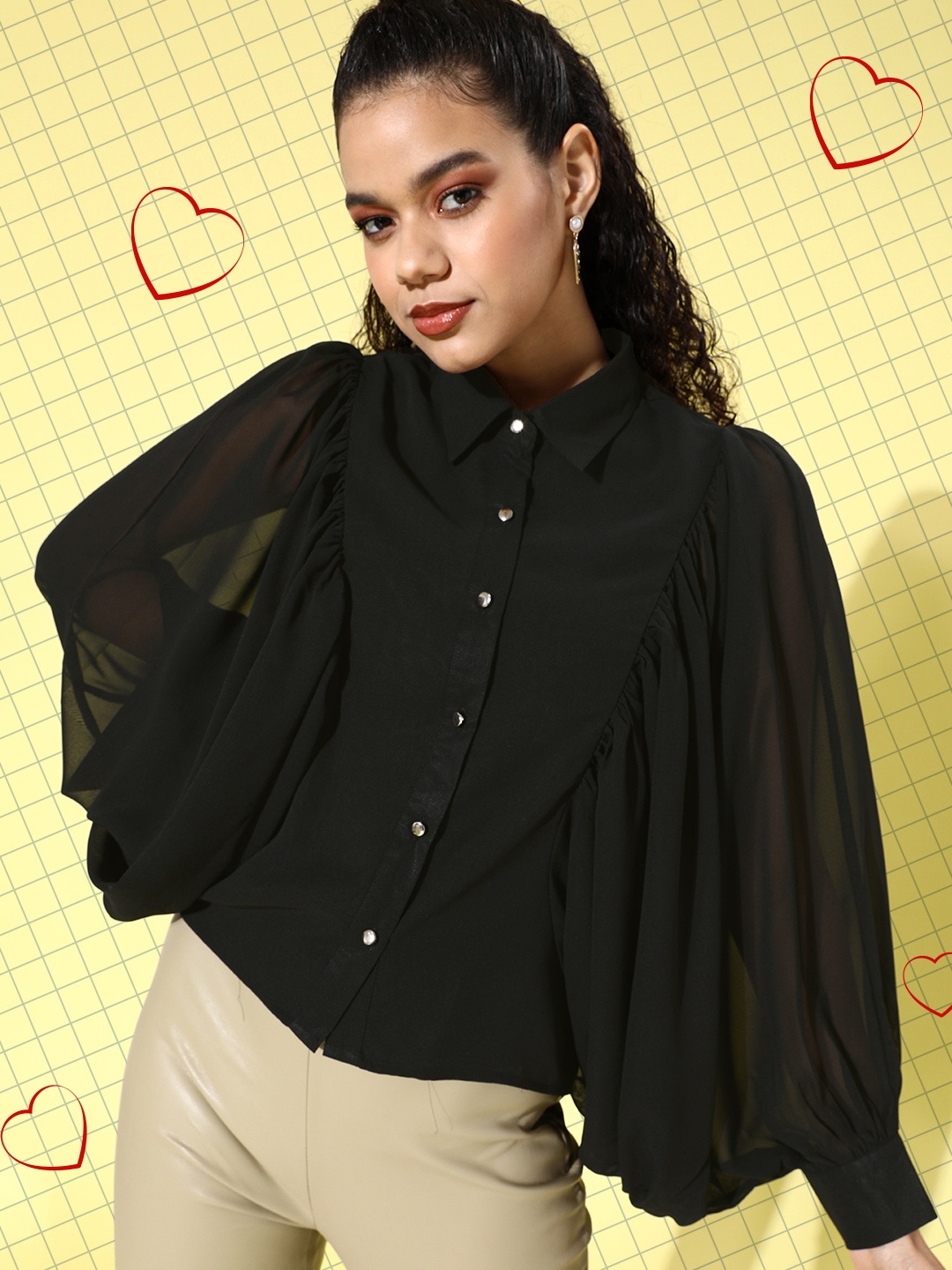 

KASSUALLY Black Solid Batwing Sleeves Shirt Style Top