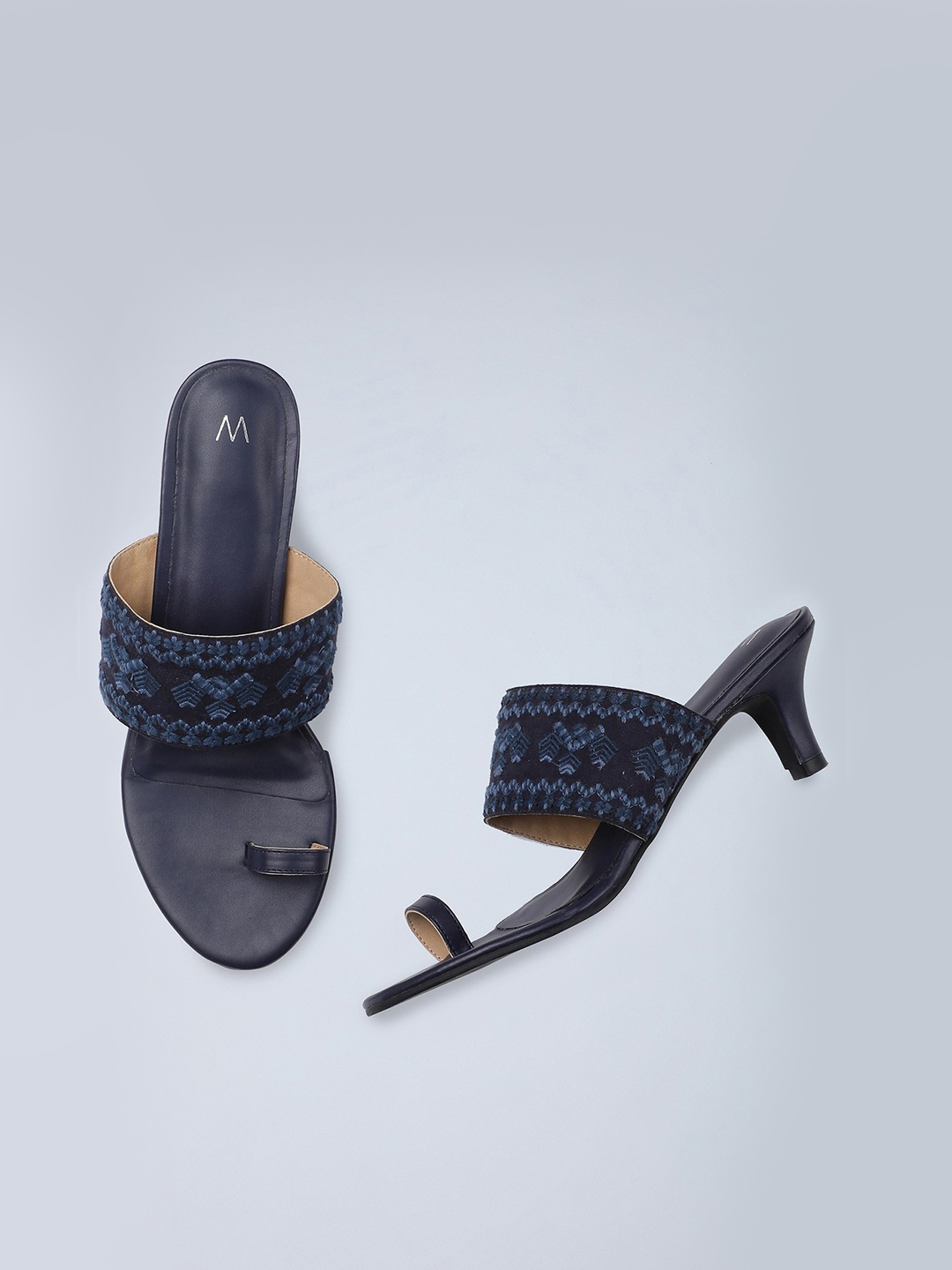 

W Navy Blue Embellished Ethnic Kitten Sandals