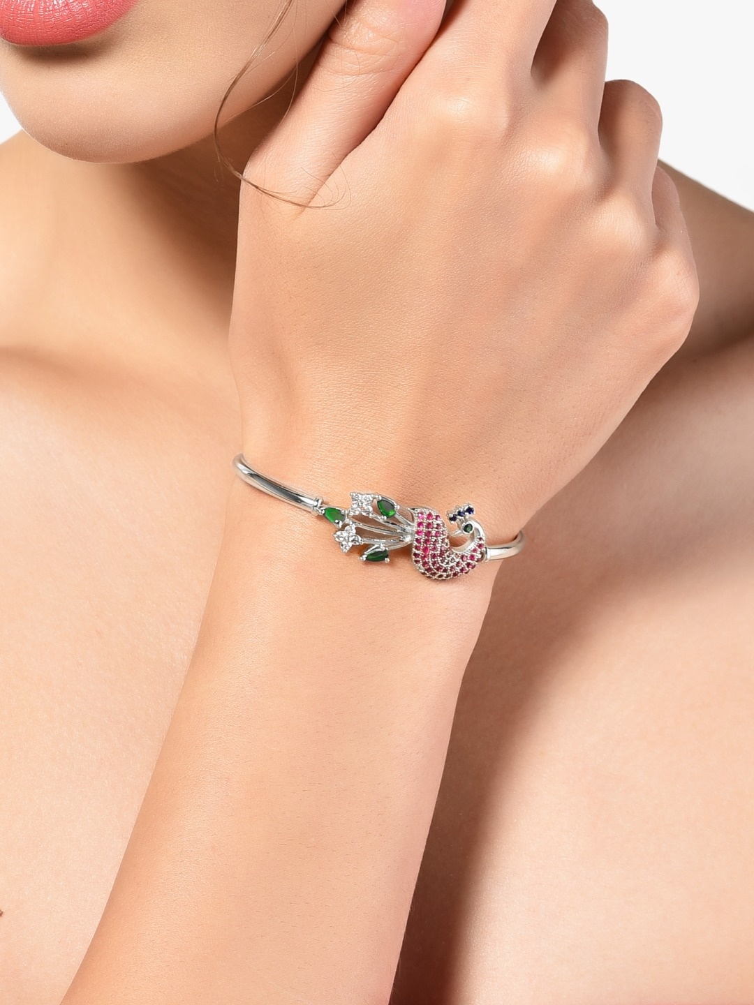 

AMI Women Silver-Plated & Pink Brass Cubic Zirconia Bangle-Style Bracelet