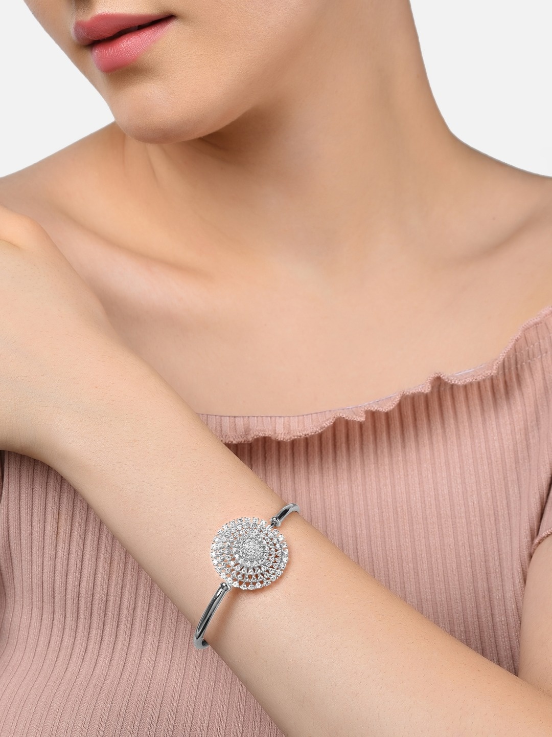 

AMI Women Silver-Plated Brass Cubic Zirconia Kada Bracelet